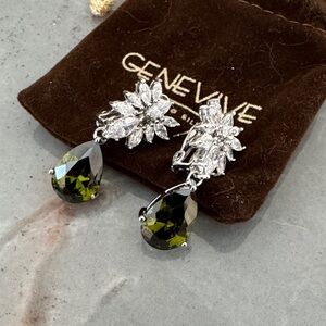 Teardrop green gem and crystal Sterling silver earrings for pierced ears